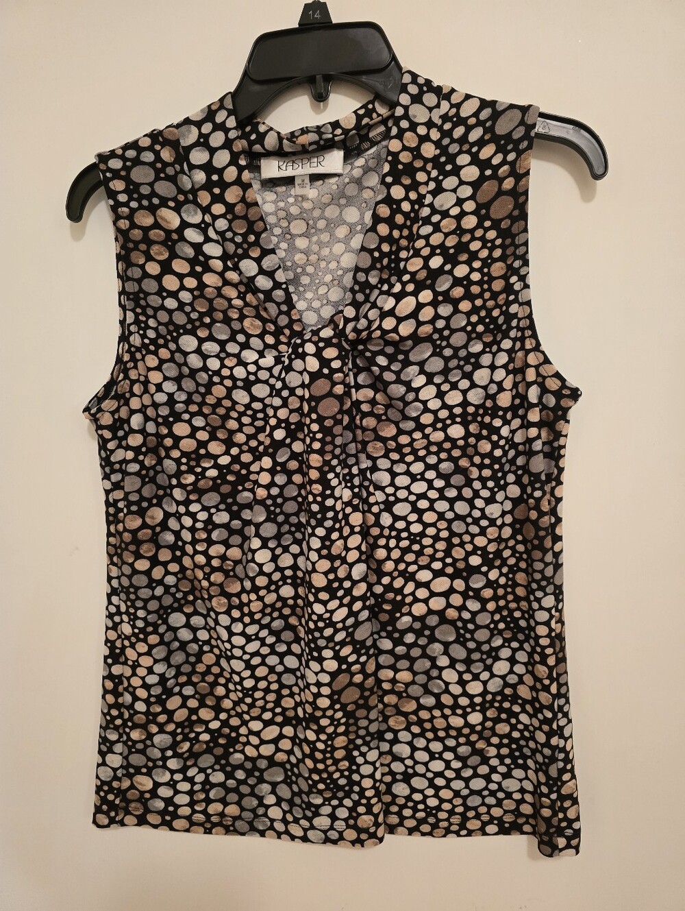 Kasper Sleeveless Tie-Neck Polka Dot Top in Black and Beige